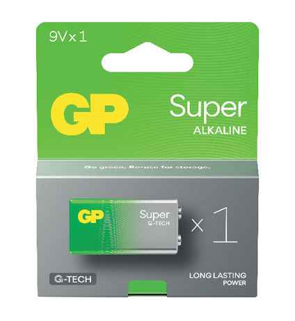 Förpackning av 9V GP Super alkaliskt batteri med texten "Super G-TECH" och "Long Lasting Power".
