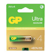 Förpackning med fyra GP Ultra AA-alkaliska batterier på grön och gul bakgrund.