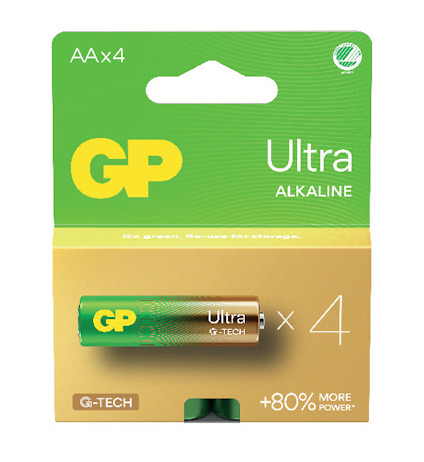 Förpackning med fyra GP Ultra AA-alkaliska batterier på grön och gul bakgrund.