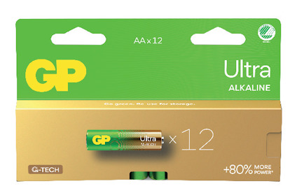 Förpackning med 12 AA GP Ultra Alkaline-batterier, med märkning "+80% more power".