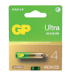 Förpackning med fyra GP Ultra AAA/LR03 alkaliska batterier, grön och gul design, märkt med "+80% More Power".