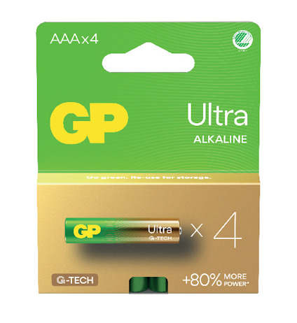 Förpackning med fyra GP Ultra AAA/LR03 alkaliska batterier, grön och gul design, märkt med "+80% More Power".