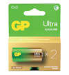 Förpackning med två GP Ultra alkaliska C-batterier, grön och gul design med texten "LONG LASTING POWER".