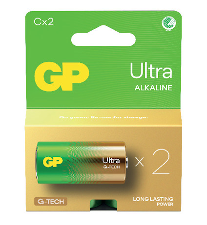 Förpackning med två GP Ultra alkaliska C-batterier, grön och gul design med texten "LONG LASTING POWER".
