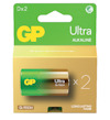 Förpackning med två alkaliska GP Ultra D-batterier i grön och gul kartong.