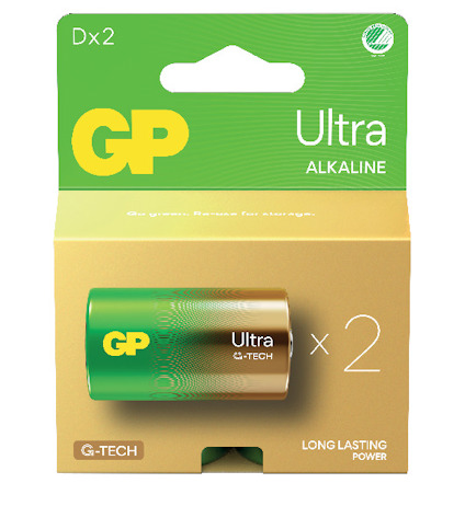 Förpackning med två alkaliska GP Ultra D-batterier i grön och gul kartong.