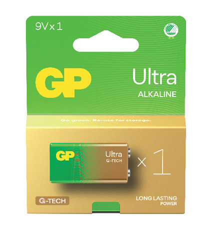 9V G-TECH Ultra Alkaline batteri i förpackning med gröna och guldiga färger. Texten "Go green. Re-use for storage." syns.