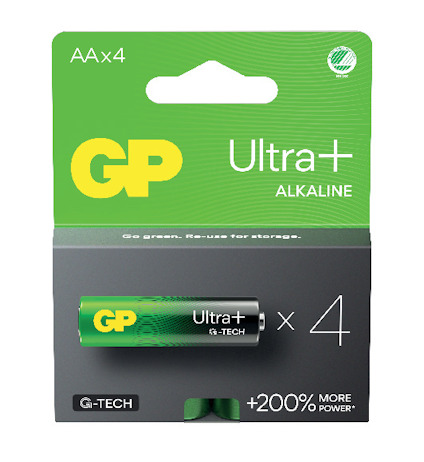 Förpackning med fyra Ultra+ alkaliska AA-batterier från GP, med grön och svart design och texten "+200% more power".