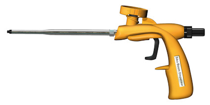 Gul dispenserpistol med metallrör och handtag, etikett märkt "Sika Boom Dispenser".