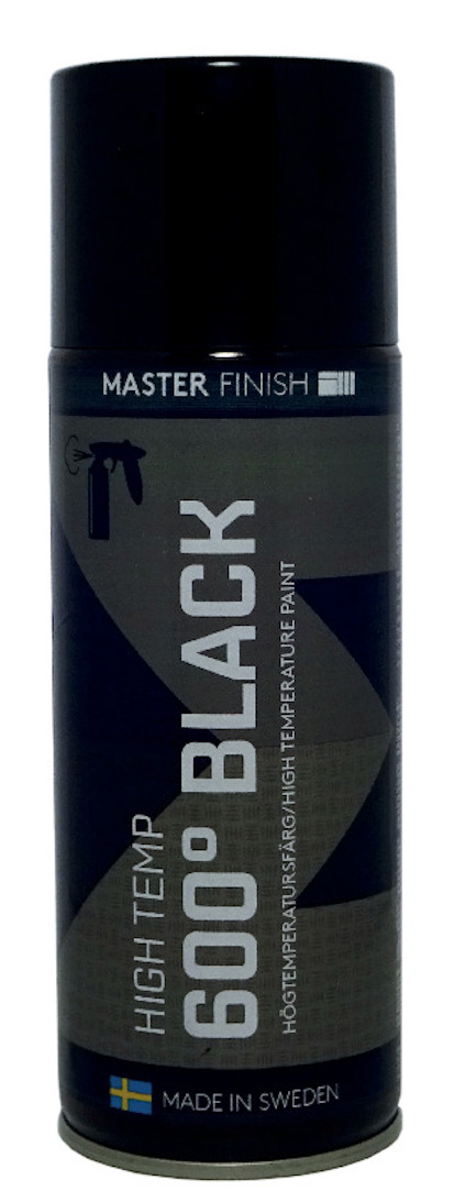 Svart sprayfärgsburk märkt "High Temp 600° Black" och "Made in Sweden" med svensk flagga nedtill.