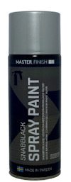 Sprayfärgsburk i silver med etiketttext: "SNABBLACK SPRAY PAINT" och "MADE IN SWEDEN".
