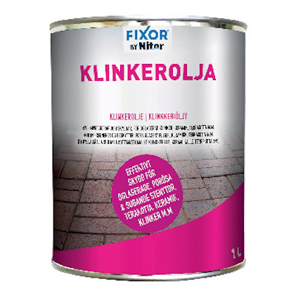 Förpackning med texten "Fixor by Nitor KLINKEROLJA" och bilder av stenplattor.