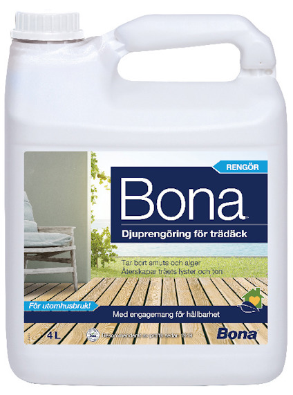 Kanna märkt "Bona Djup rengöring för trädäck" med text om att ta bort smuts och alger.