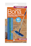 Förpackning med Bona microfiber rengöringspad för djupstädning, med avbildning av en mopp och blågrön pad.