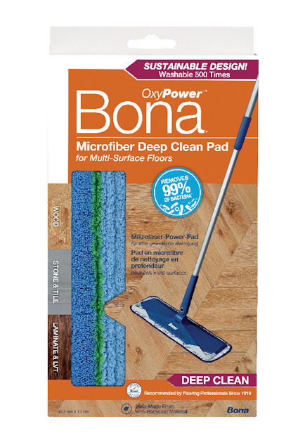 Förpackning med Bona microfiber rengöringspad för djupstädning, med avbildning av en mopp och blågrön pad.