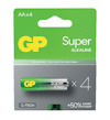 Förpackning med fyra AA-batterier, märkt "GP Super Alkaline" med gröna och grå nyanser.