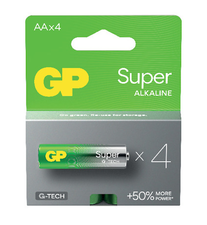 Förpackning med fyra AA-batterier, märkt "GP Super Alkaline" med gröna och grå nyanser.