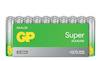 Förpackning med 20 AAA-batterier, märkta "GP Super Alkaline" med gröna och gula färger.