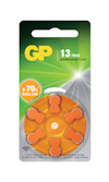 Förpackning med hörapparatsbatterier, etikett märkt "GP 13 PR48" och orange detaljer, sex batterier synliga.