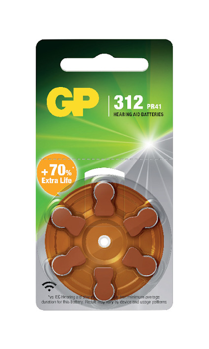Förpackning med GP hörapparatsbatterier ZA 312, innehåller sex batterier.