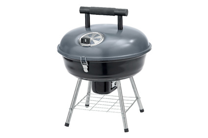 Kolgrill med lock, ventil och handtag på korta ben samt ett galler undertill.
