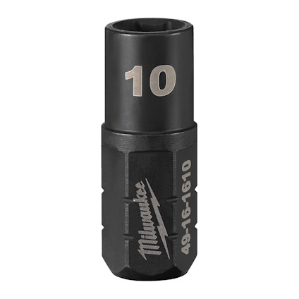 Svart cylinderformad hylsa med texten "10" och "Milwaukee 49-16-1610" i silverfärg.