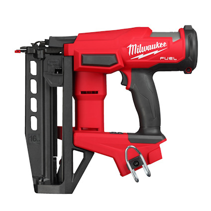 Röd och svart dyckertpistol med handtag och laddningsmekanism, märkt "Milwaukee Fuel".
