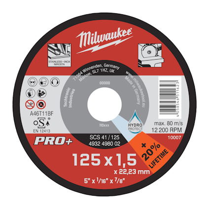 Röd och svart kapskiva med diverse märkningar och säkerhetssymboler. Text inkluderar "Milwaukee", "PRO+", och "125 x 1,5".