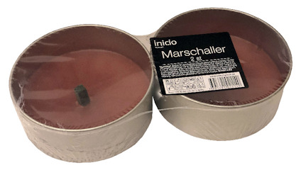 Två runda röda marschaller i silverfärgade metallbehållare, förpackade i plast. Etikett med texten "Inicio Marschaller 2 st".