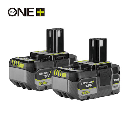 Två svarta och gröna Ryobi 18V ONE+ litiumbatterier med texten "5.0Ah".