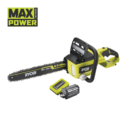 Kedjesåg med grön och svart design, märkningen "RYOBI" på svärdet, och batteripaket bredvid. Text: "MAX POWER".