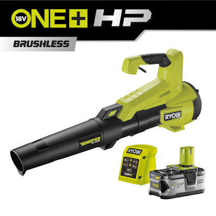 Grön och svart trådlös lövblåsare med laddare och batteri, märkt Ryobi ONE+ HP.