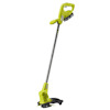 Grästrimmer från RYOBI med grönt handtag och svart skydd, stång i metall. Batteri fäst vid handtaget.