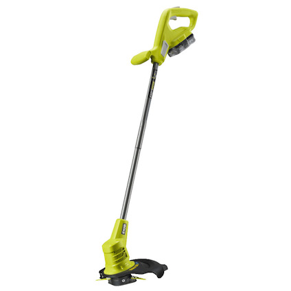 Grästrimmer från RYOBI med grönt handtag och svart skydd, stång i metall. Batteri fäst vid handtaget.