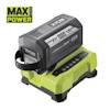 Ryobi 36V batteri och laddare på en grön bas med texten "MAX POWER" i övre vänstra hörnet.