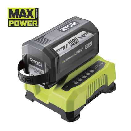 Ryobi 36V batteri och laddare på en grön bas med texten "MAX POWER" i övre vänstra hörnet.