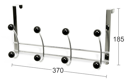 Klädhängare i metall med svarta knoppar, fem krokar, mått 370 mm bred och 185 mm hög.