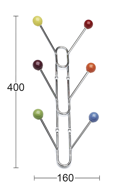 Kromfärgad hängare med sex färgglada knoppkrokar och måttangivelser: 400 x 160.