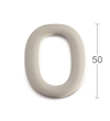 En oval siffra 0 i borstat metall, med en längdmarkering på 50 mm till höger.