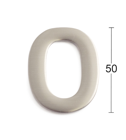En oval siffra 0 i borstat metall, med en längdmarkering på 50 mm till höger.