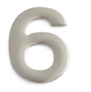 Självhäftande siffra "6" i silverfärg med borstad yta på vit bakgrund.