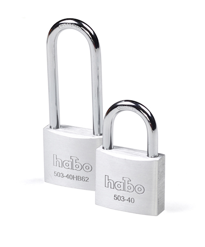 Två hänglås i silverfärg med texten "habo 503-40" och "503-40HB62" ingraverad på framsidan.