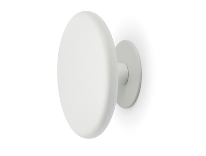 Vit, rund väggmonterad krok med en slät yta och ett minimalistiskt utseende.