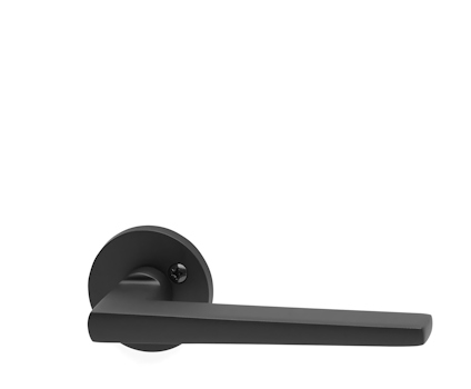 Svart dörrhandtag med rund rosett och enkel, rak design.