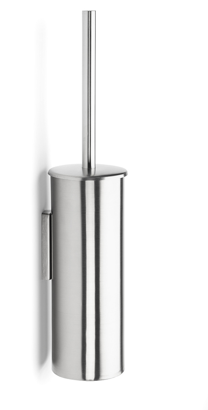 Toalettborsthållare i rostfritt stål med en cylindrisk design monterad på vägg.