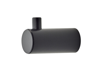 En rund, svart väggkrok med en cylindrisk design och en mindre tapp upptill.
