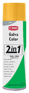 Sprayburk med gul kork, etikett med texten "CRC Galva Color 2 in 1 RAL 1004 Gold Yellow."