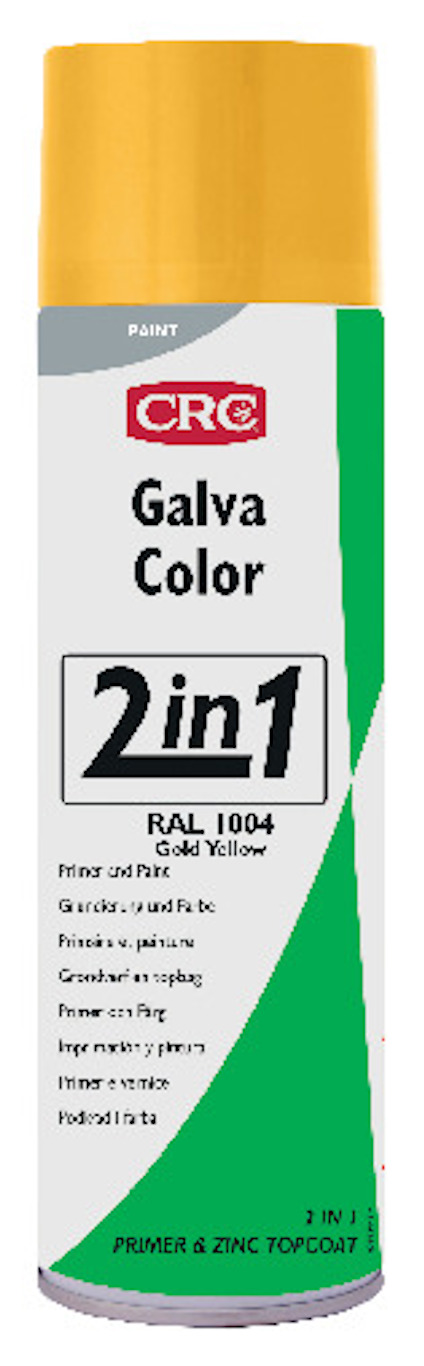 Sprayburk med gul kork, etikett med texten "CRC Galva Color 2 in 1 RAL 1004 Gold Yellow."