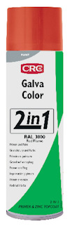 Sprayburk med texten "Galva Color 2 in 1 RAL 3000 Red Flame" och röd kork.