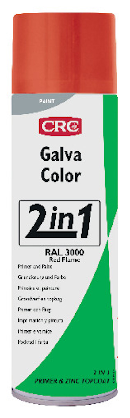 Sprayburk med texten "Galva Color 2 in 1 RAL 3000 Red Flame" och röd kork.